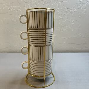 Grace's Teaware Striped White/Gold 8oz Stacking Mug Set 4Pc With Wire Rack